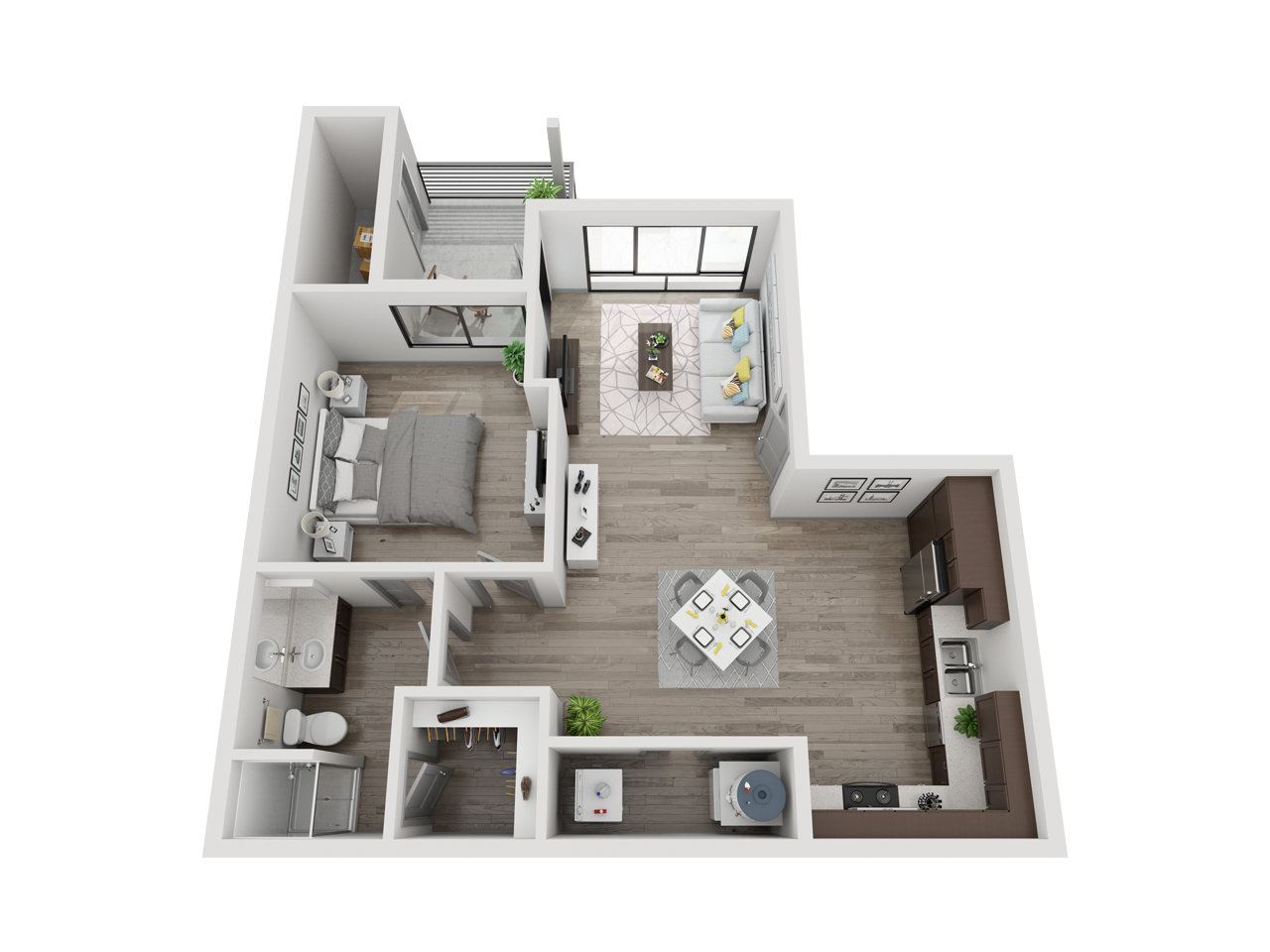Floor plan for 1 bed, 1 bath, 742 sqft